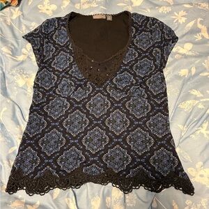 Apt. 9 Navy and Black Lace Trim Blouse